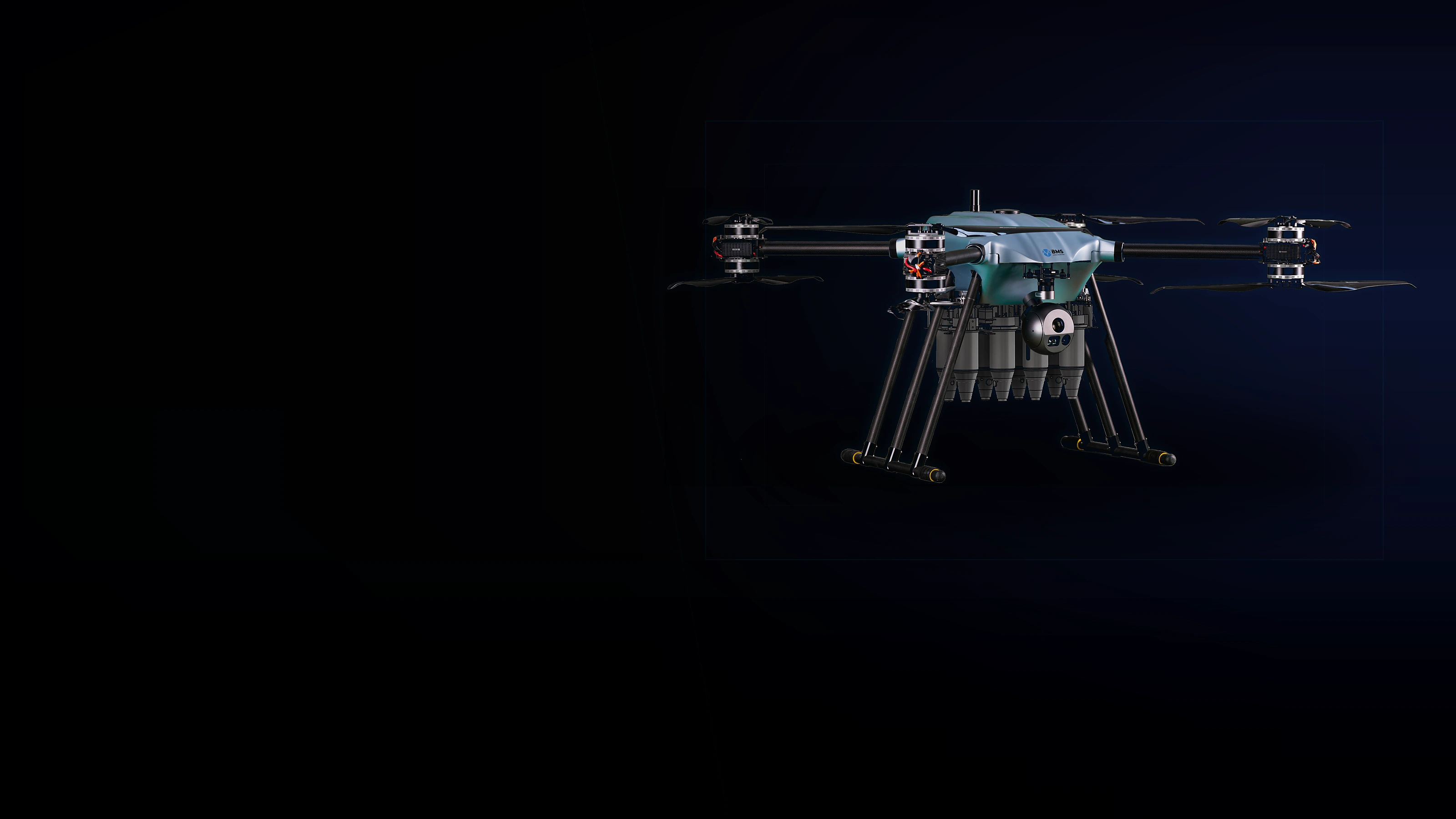 High-resolution heavy-lift multirotor unmanned aerial system in a dark technical studio